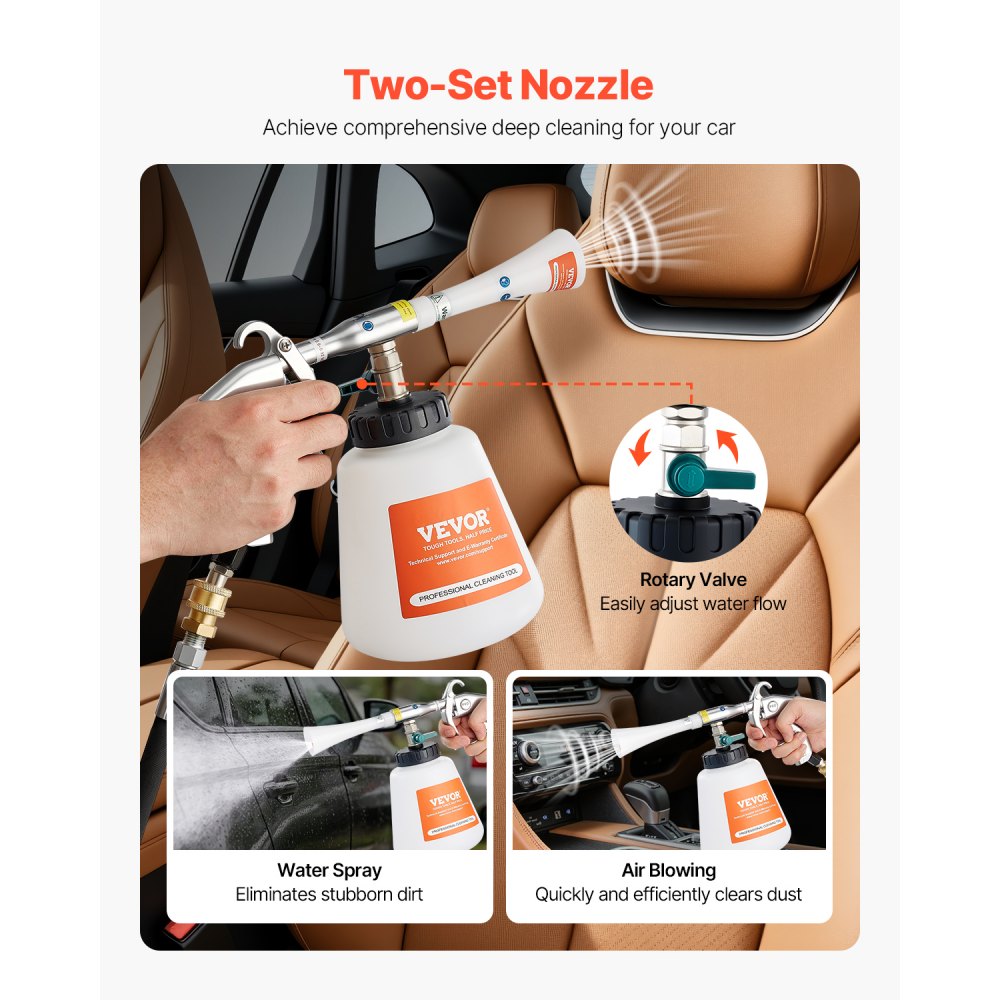 VEVOR Car Cleaning Gun, 6-9.2 Bar High-Pressure Air Blow Gun with 2 Set Nozzles & 1L Liquid Bottle, Vortex Cleaning