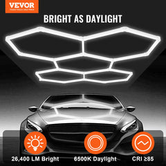 VEVOR Hexagon Garage Lights, 26400LM, 6500K 5 Grid Systems Honeycomb Hexagonal Garage LED Lights, DIY Cool White Car
