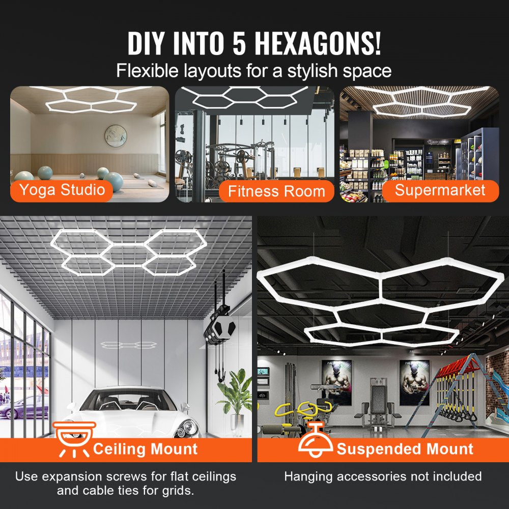VEVOR Hexagon Garage Lights, 26400LM, 6500K 5 Grid Systems Honeycomb Hexagonal Garage LED Lights, DIY Cool White Car