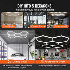 VEVOR Hexagon Garage Lights, 26400LM, 6500K 5 Grid Systems Honeycomb Hexagonal Garage LED Lights, DIY Cool White Car