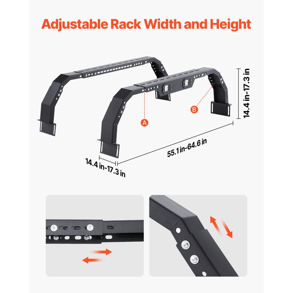 VEVOR Overland Truck Bed Rack, 14.4-17.3 in Height, Adjustable Bed Cargo Rack with Security LED Light, Compatible with