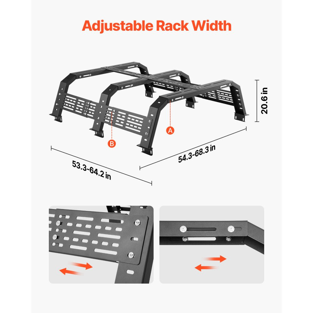 VEVOR Overland Truck Bed Rack, 54.3-68.3 in Width, Adjustable Overland Bed Cargo Rack with Sidebar and 900 lbs Static