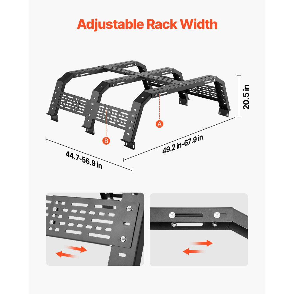VEVOR Overland Truck Bed Rack, 49.2-67.9 in Width, Adjustable Overland Bed Cargo Rack with Sidebar, 900 lbs Static