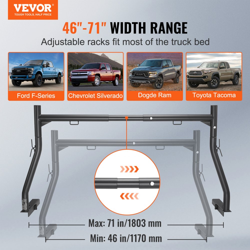 VEVOR Truck Rack, 46-71inch Extendable Truck Ladder Rack, 800 lbs Capacity Steel Ladder Rack for Truck with