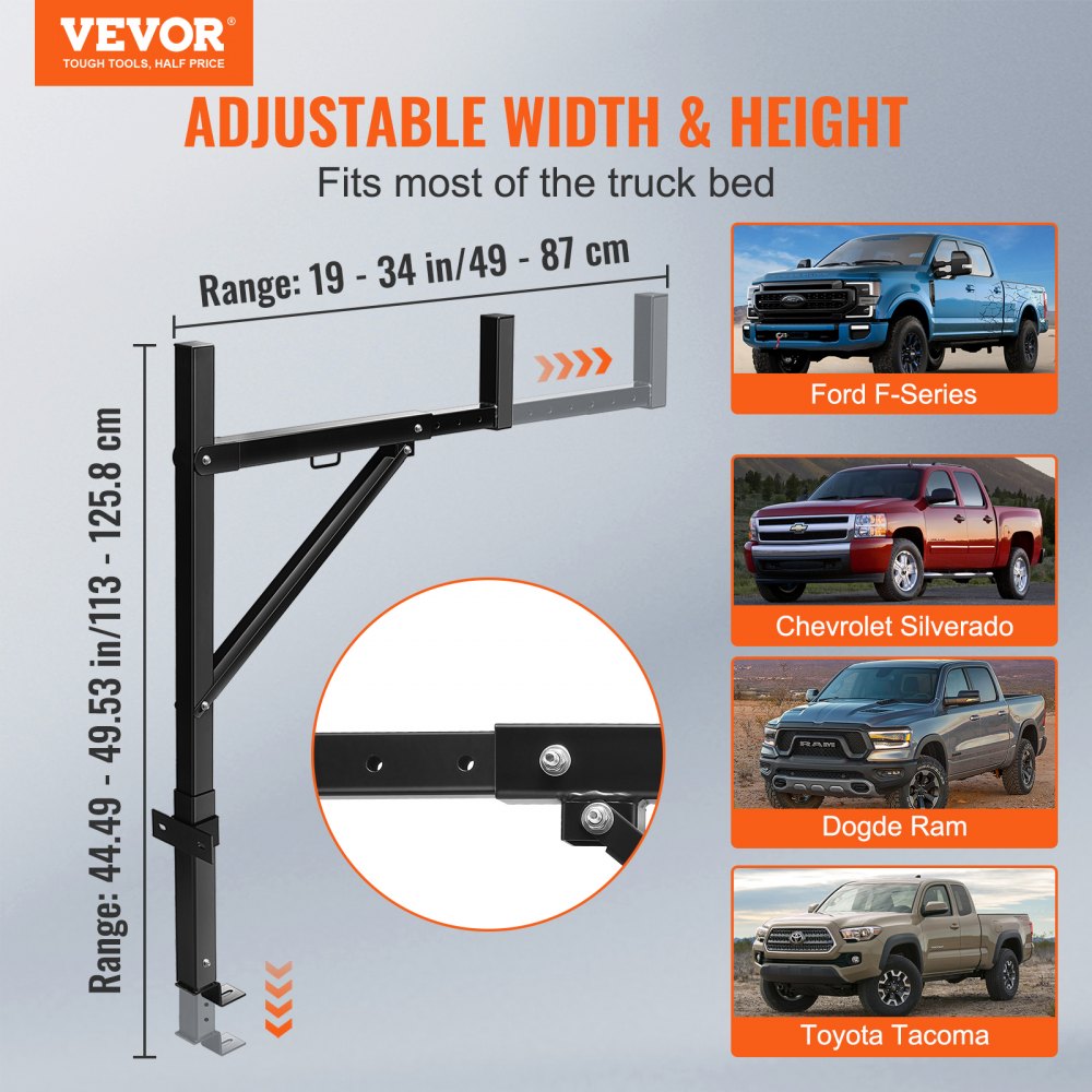 VEVOR Truck Rack, 19-34inch Extendable Truck Ladder Rack, 38.6"-43.6" Adjustable Height, 250 lbs Capacity Steel Ladder