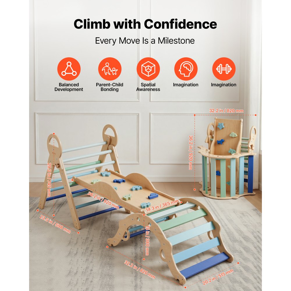 VEVOR Pikler Triangle Set, 9-in-1 Toddler Climbing Toys Indoor, with 2 Wooden Cars, Cushion, Triangle, Arch, and Ramp