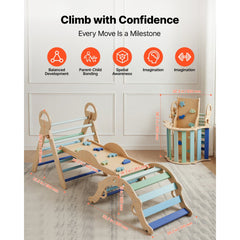 VEVOR Pikler Triangle Set, 9-in-1 Toddler Climbing Toys Indoor, with 2 Wooden Cars, Cushion, Triangle, Arch, and Ramp