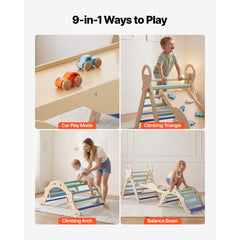 VEVOR Pikler Triangle Set, 9-in-1 Toddler Climbing Toys Indoor, with 2 Wooden Cars, Cushion, Triangle, Arch, and Ramp