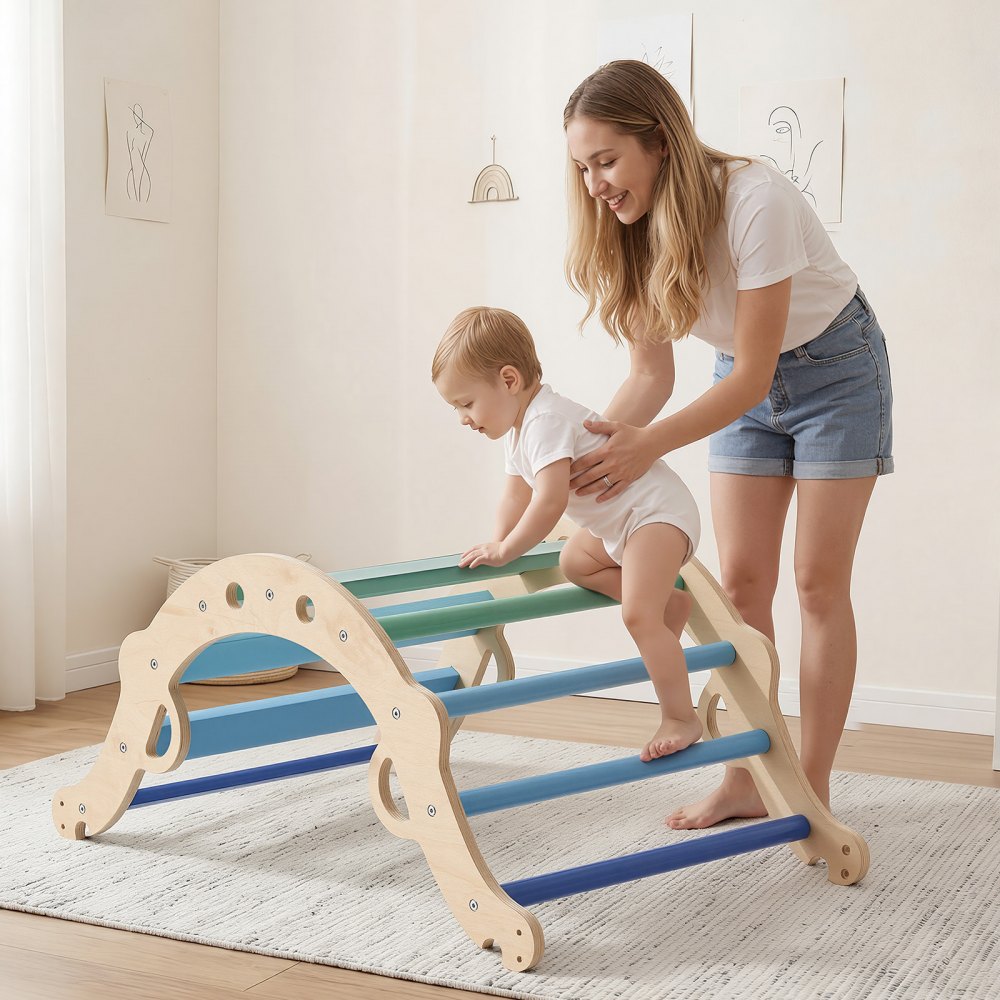 VEVOR Pikler Triangle Set, 9-in-1 Toddler Climbing Toys Indoor, with 2 Wooden Cars, Cushion, Triangle, Arch, and Ramp