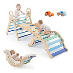VEVOR Pikler Triangle Set, 9-in-1 Toddler Climbing Toys Indoor, with 2 Wooden Cars, Cushion, Triangle, Arch, and Ramp