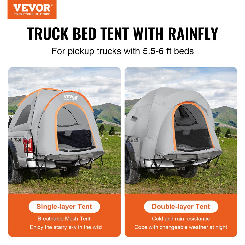 VEVOR Truck Bed Tent, 5.5'-6' Pickup Truck Tent with Rain Layer and Carry Bag, Waterproof PU2000mm Double Layer Truck