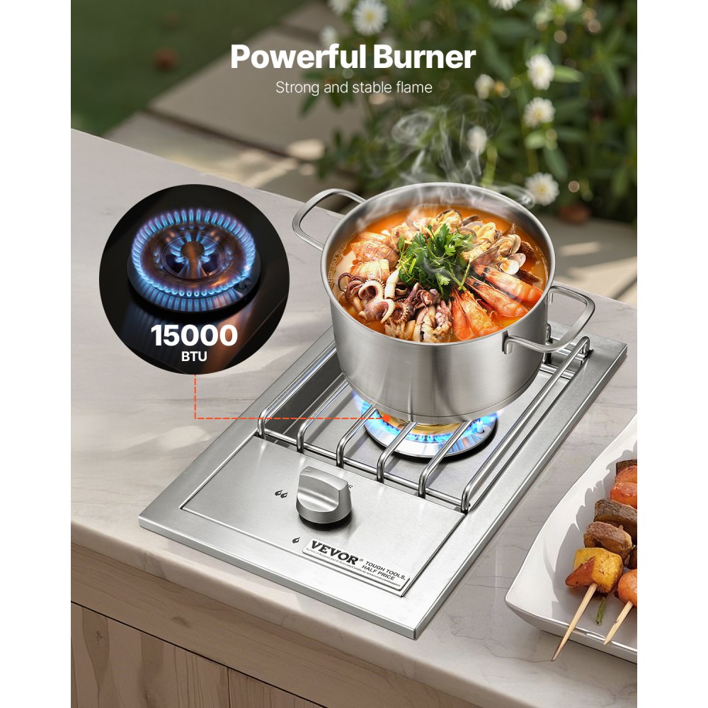 VEVOR Single Grilling Side Burner, 15,000BTU Liquid Propane Side Burner for Outdoor Kitchen, Convertible to Natural