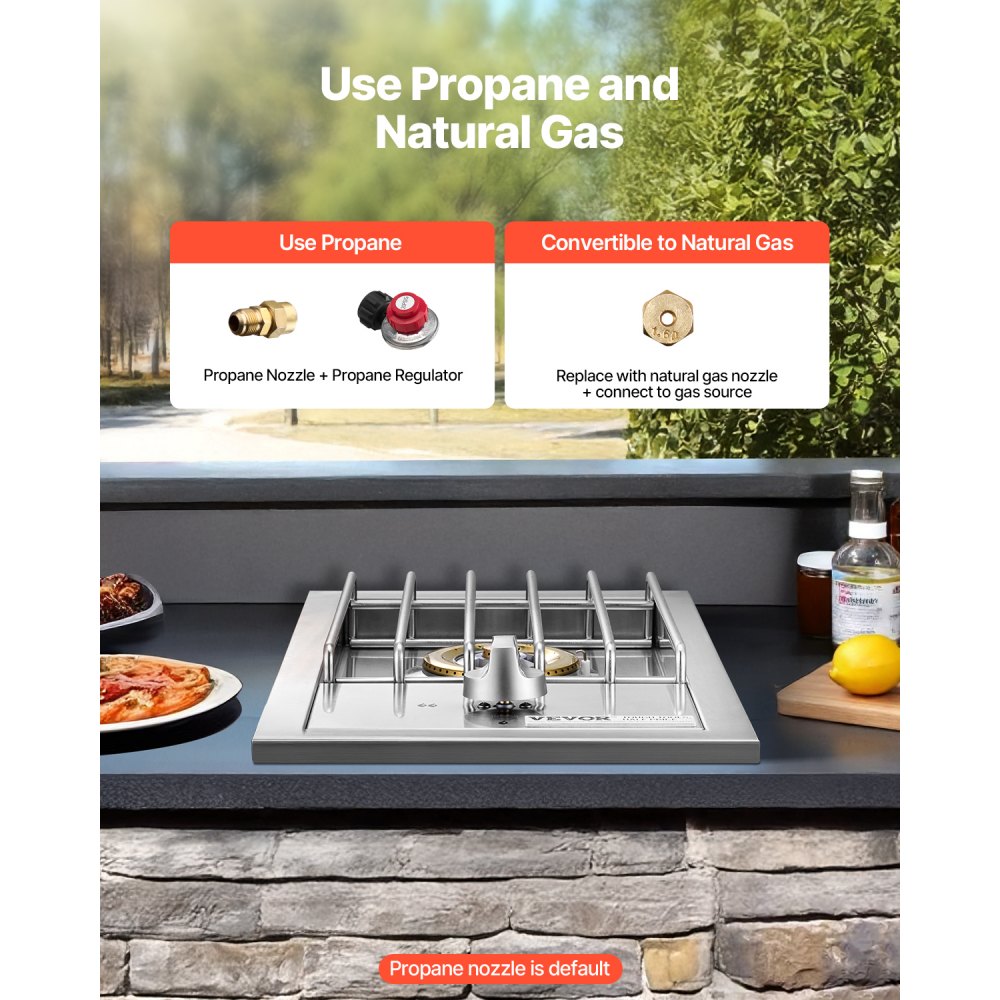 VEVOR Single Grilling Side Burner, 15,000BTU Liquid Propane Side Burner for Outdoor Kitchen, Convertible to Natural