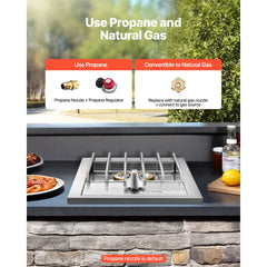 VEVOR Single Grilling Side Burner, 15,000BTU Liquid Propane Side Burner for Outdoor Kitchen, Convertible to Natural