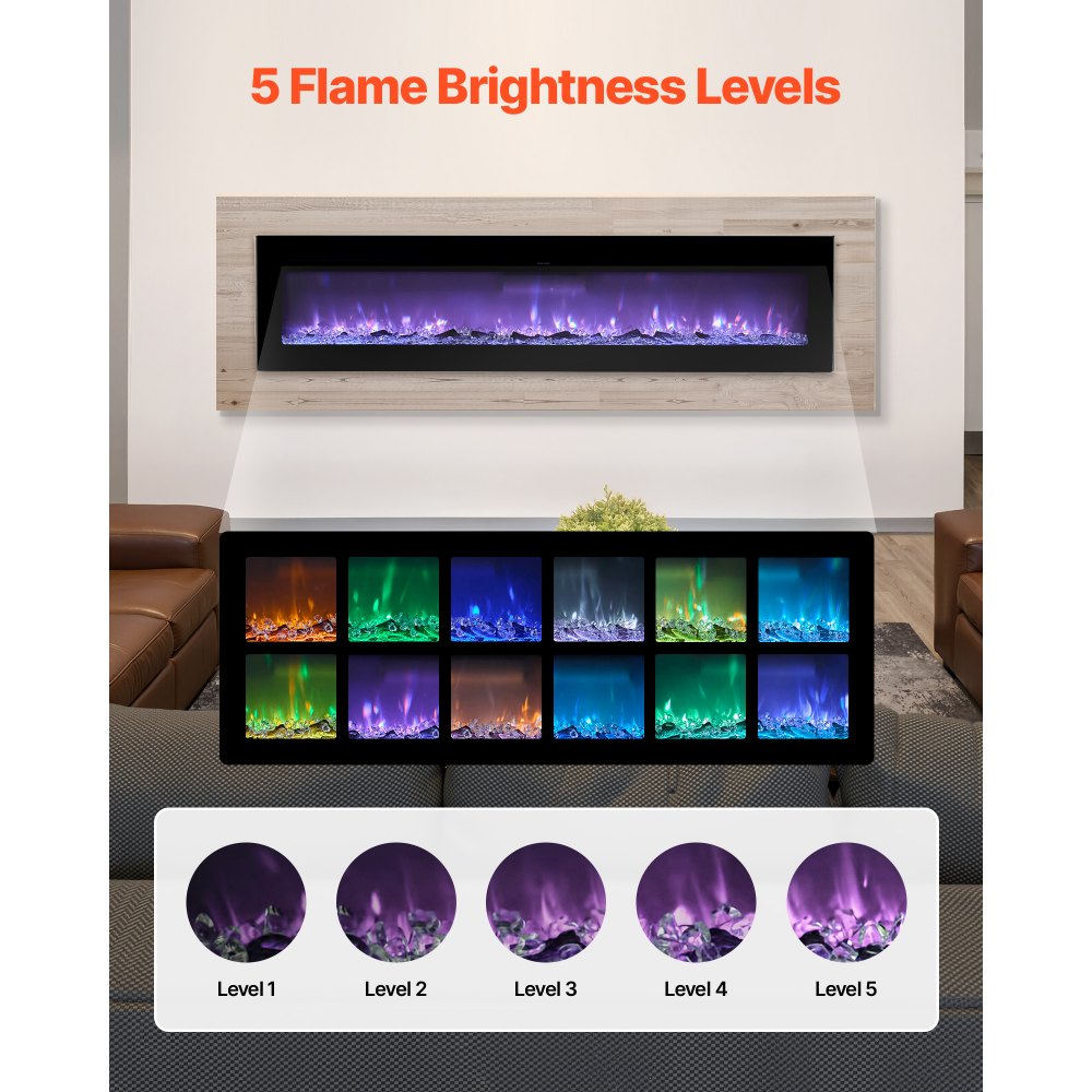 VEVOR 60 inch Electric Fireplace, Wall Mounted Recessed Fire Place with Remote Control, Timer, 1500W, Adjustable Flame