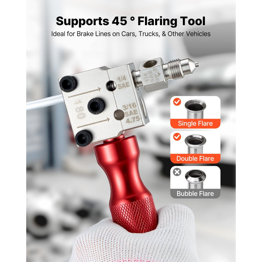 VEVOR Brake Line Flaring Tool Kit, 45° Single & Double Flare Tool for 3/16", 1/4" Copper Tubing - with 2 Forming Dies
