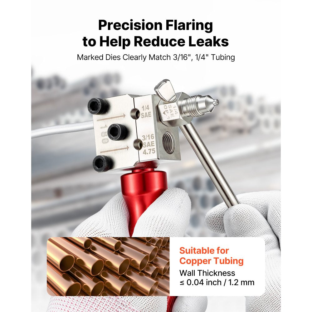 VEVOR Brake Line Flaring Tool Kit, 45° Single & Double Flare Tool for 3/16", 1/4" Copper Tubing - with 2 Forming Dies
