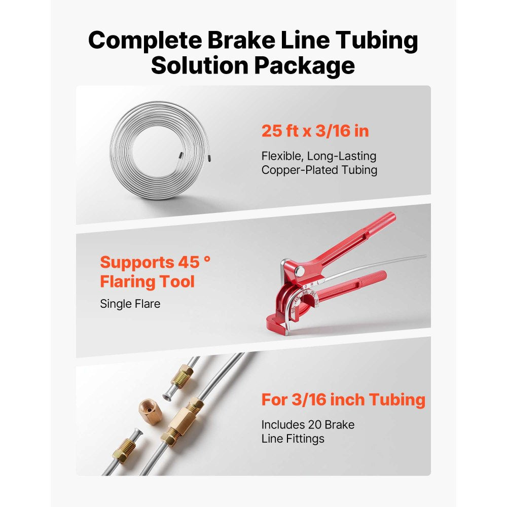 VEVOR 3/16" Brake Line Repair Kit, 45° Single Brake Line Flaring Tool Kit, 25FT Copper-Coated Brake Line with 20