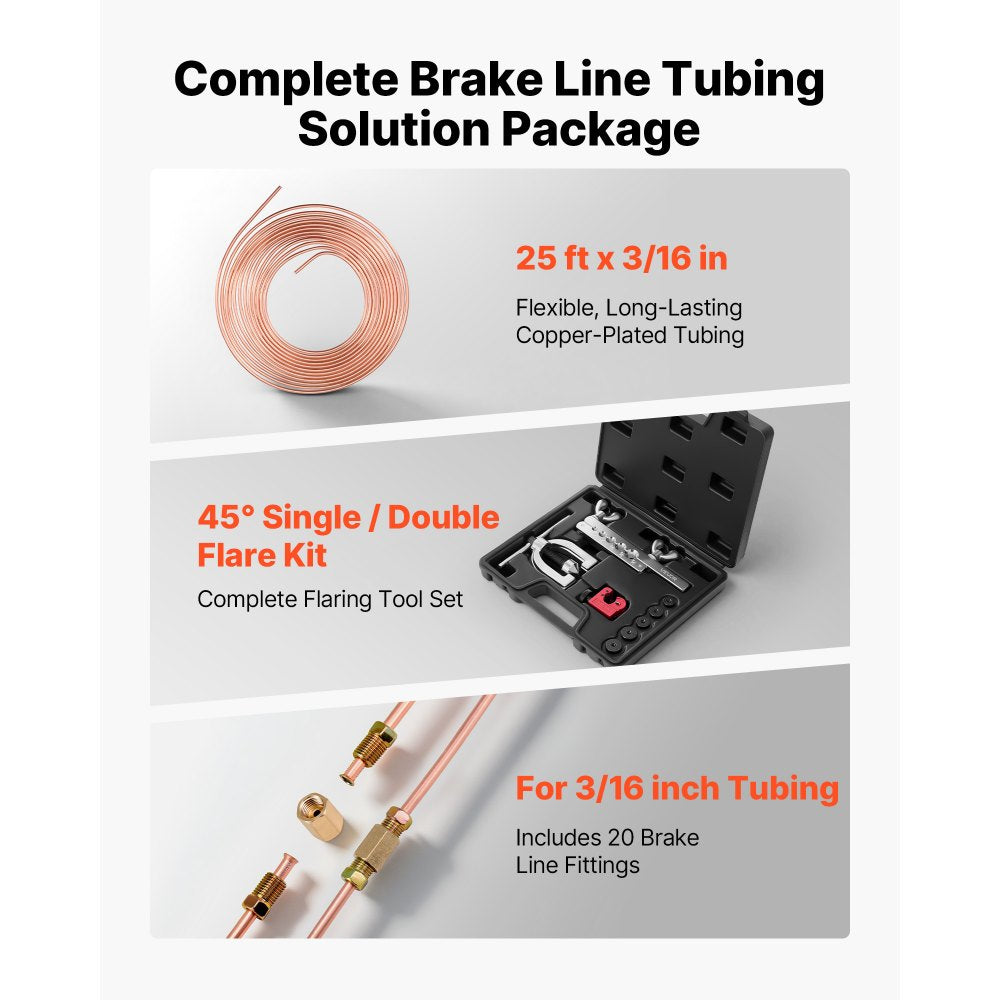 VEVOR 3/16" Brake Line Repair Kit, 45° Double & Single Brake Line Flaring Tool Kit, 25FT Copper Coated Brake Line (with