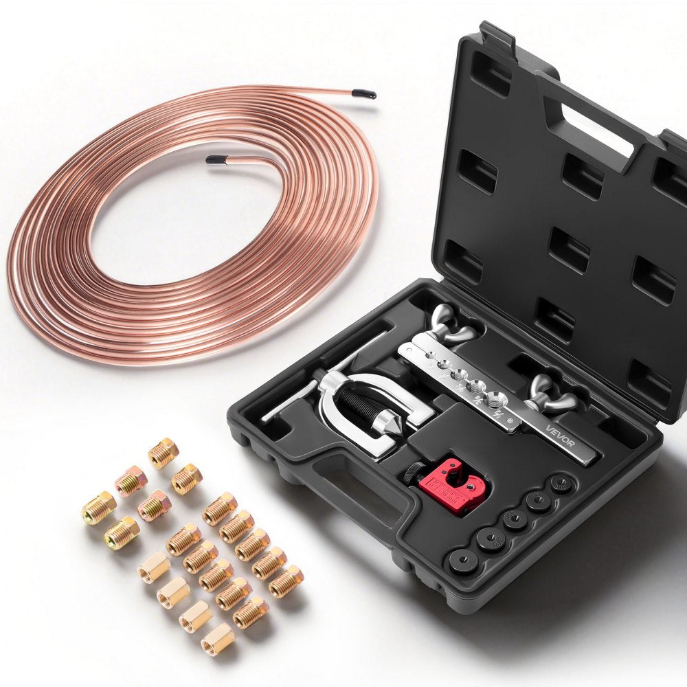 VEVOR 3/16" Brake Line Repair Kit, 45° Double & Single Brake Line Flaring Tool Kit, 25FT Copper Coated Brake Line (with