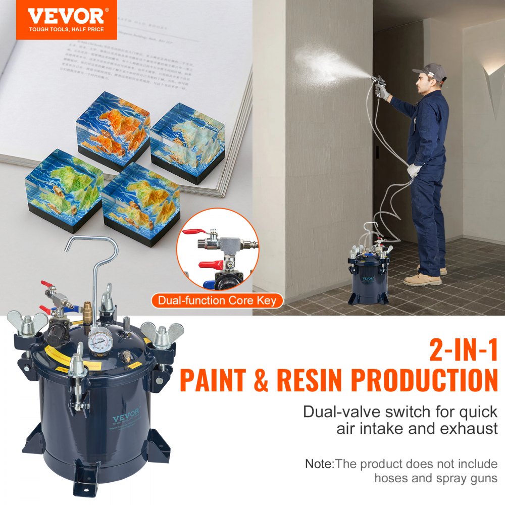 VEVOR 10L/2.5gal Spray Paint Pressure Pot Tank, 70PSI Max Air Paint Pressure Pot, Metal Rack and Leak Repair Sealant