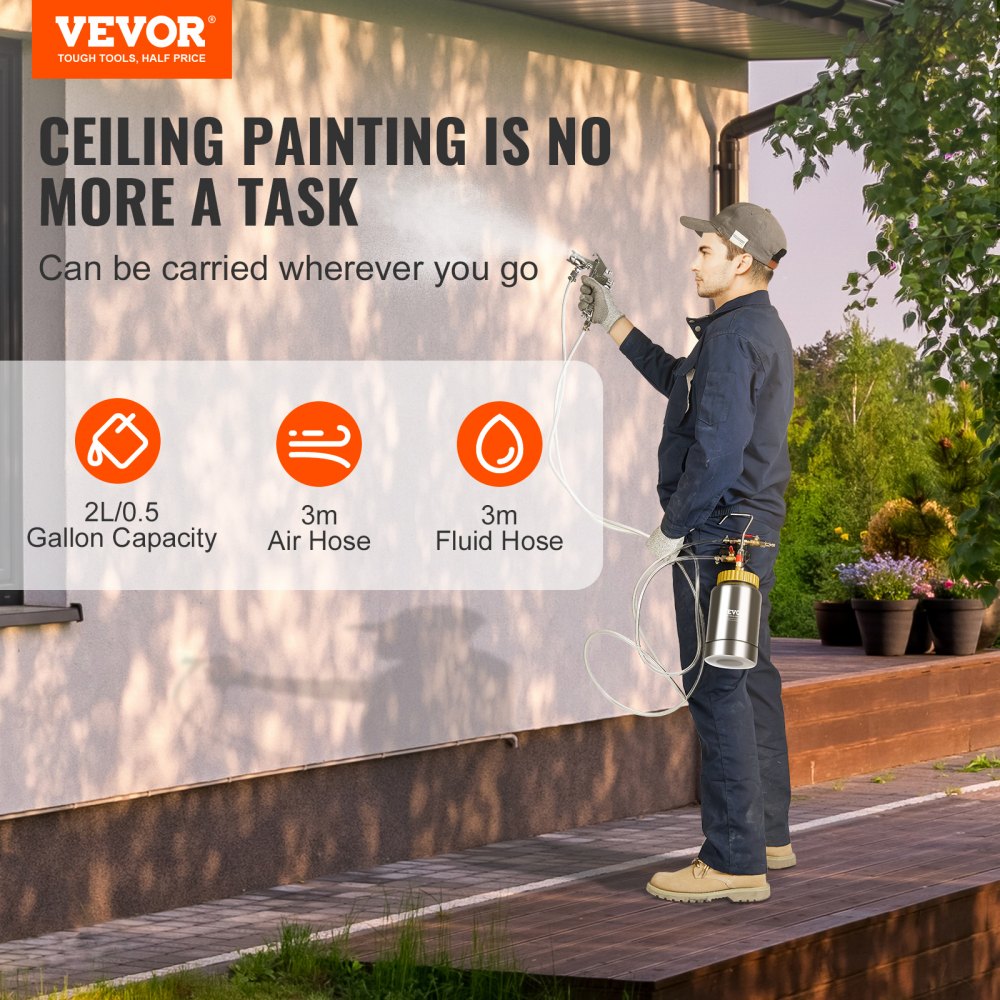 VEVOR 2L/0.5gal Spray Paint Pressure Pot Tank, Lightweight Air Paint Pressure Pot, 1.8mm Nozzle Spray Paint Gun 3m
