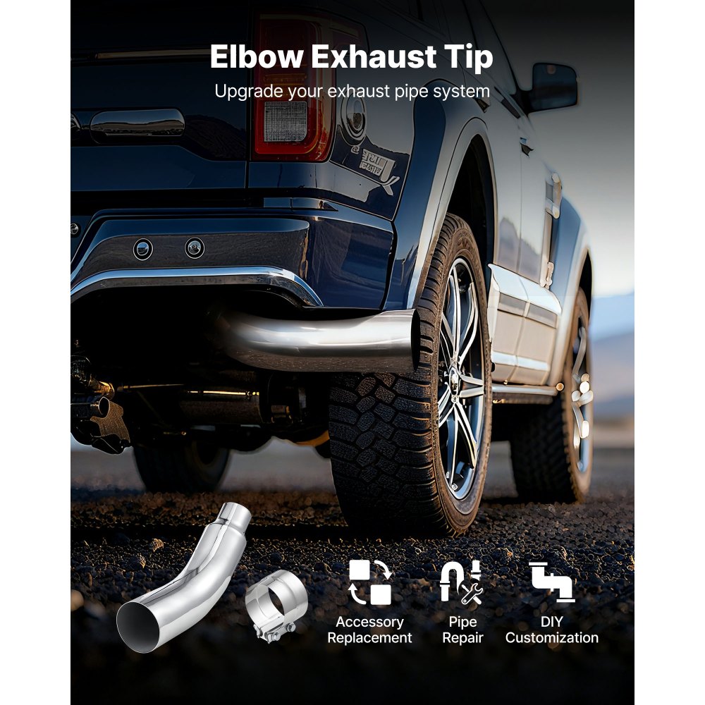 VEVOR Elbow Exhaust Tip, 4 Inch Inlet, 6 Inch Outlet, 23 in Overall Length, Chrome Turn Down Exhaust Tip with Clamp for