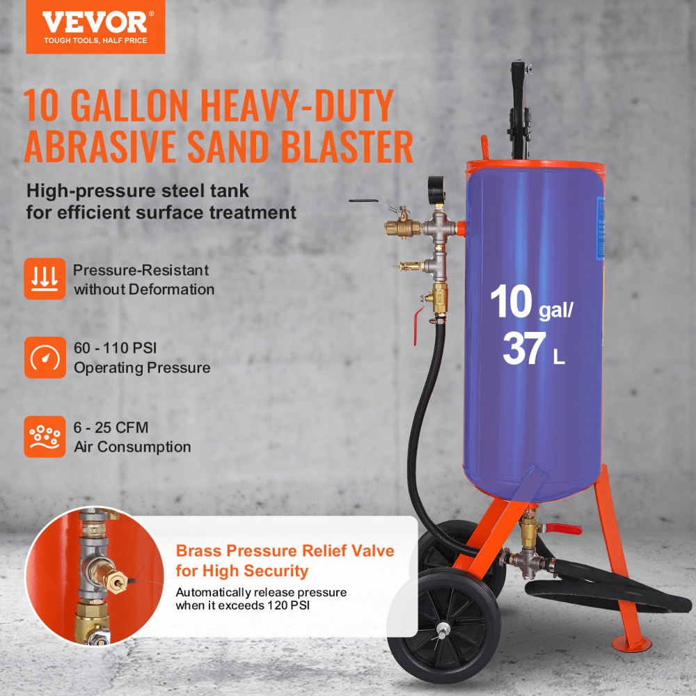 VEVOR 10 Gallon Heavy-Duty Sand Blaster, 60-110 PSI High Pressure Sandblaster, Portable Abrasive Blasting Tank, Air