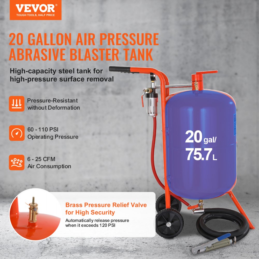 VEVOR 20 Gallon Sand Blaster, 60-110 PSI High Pressure Sandblaster, Portable Abrasive Blasting Tank, Air Sand Blasting