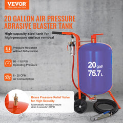 VEVOR 20 Gallon Sand Blaster, 60-110 PSI High Pressure Sandblaster, Portable Abrasive Blasting Tank, Air Sand Blasting