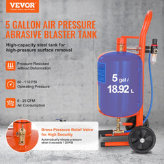 VEVOR 5 Gallon Sand Blaster, 60-110 PSI High Pressure Sandblaster, Portable Abrasive Blasting Tank, Air Sand Blasting
