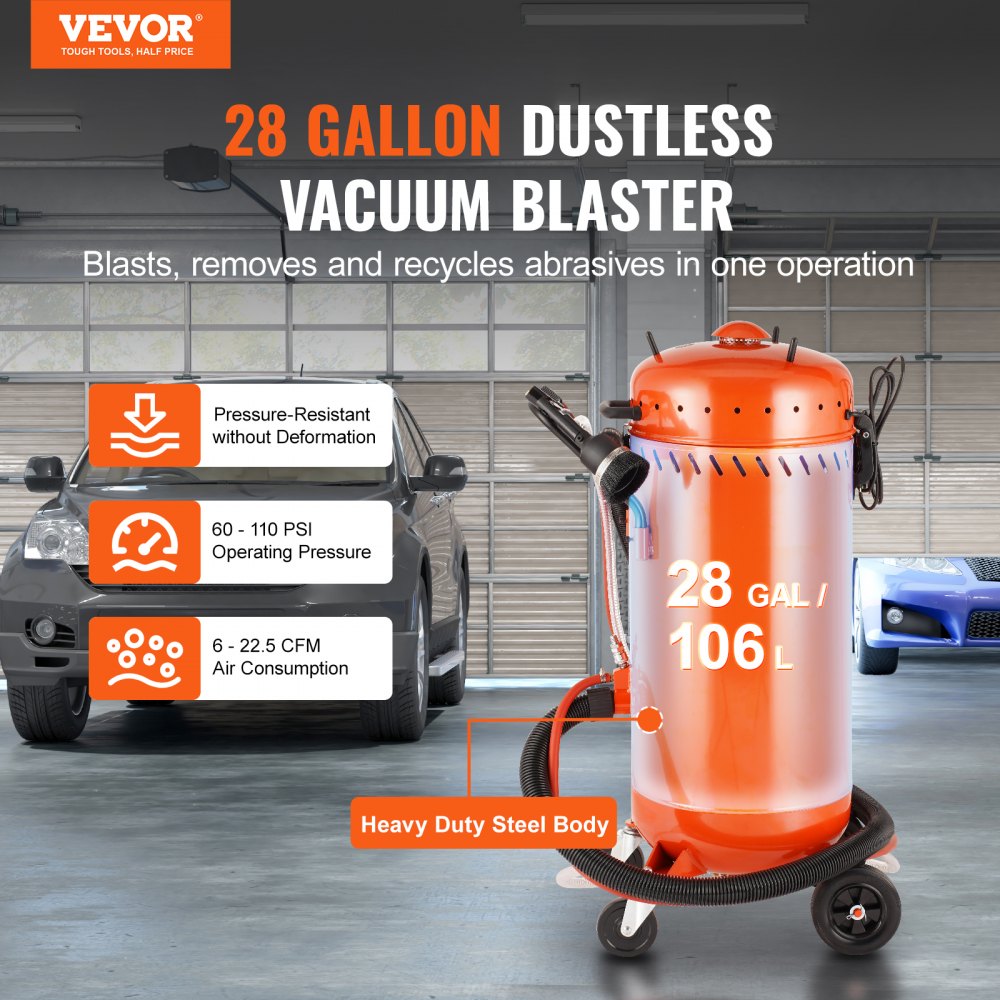 VEVOR 28 Gallon Vacuum Sand Blaster, Dustless Sandblaster with Built-in 1200W Vacuum System for Dust Control and