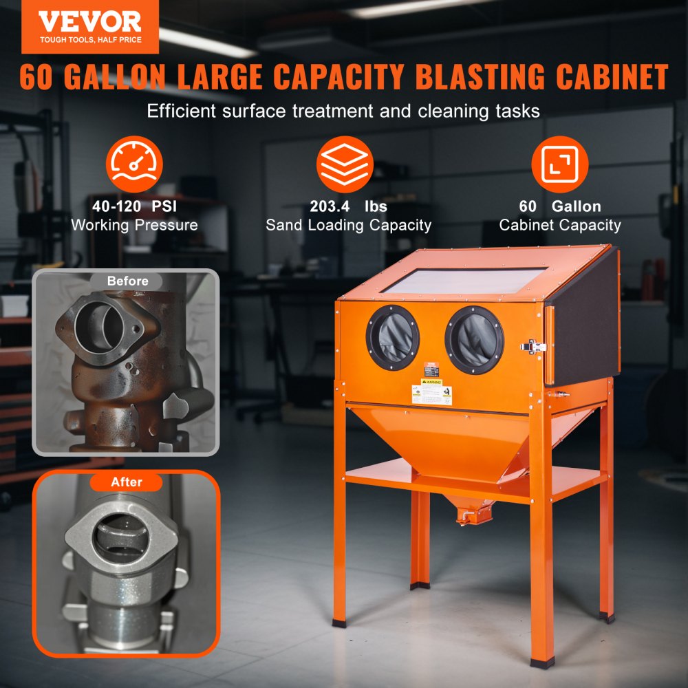 VEVOR 60 Gallon Sandblasting Cabinet, 40-120PSI Sand Blasting Cabinet with Stand, Heavy Duty Steel Sand Blaster with