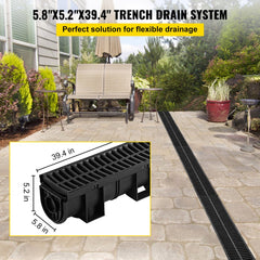 VEVOR Trench Drain System,5.8x5.2x39.4-Inch HDPE Drainage Trench,Channel Drain with Plastic Grate,Black Plastic Garage