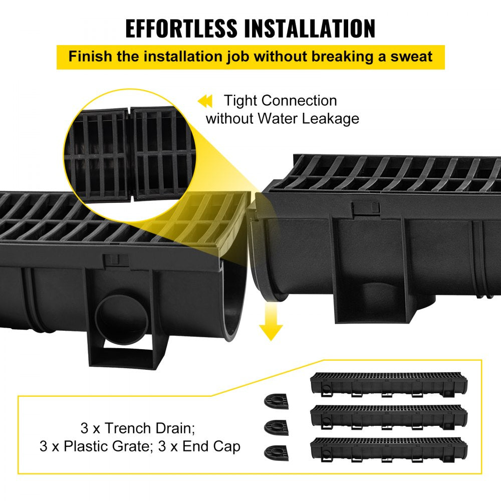 VEVOR Trench Drain System,5.8x5.2x39.4-Inch HDPE Drainage Trench,Channel Drain with Plastic Grate,Black Plastic Garage