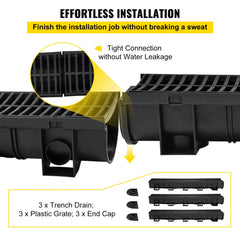 VEVOR Trench Drain System,5.8x5.2x39.4-Inch HDPE Drainage Trench,Channel Drain with Plastic Grate,Black Plastic Garage
