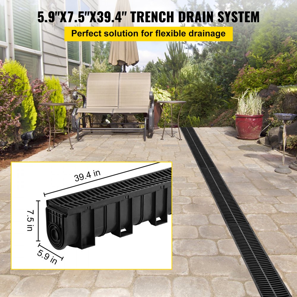 VEVOR Trench Drain System, Channel Drain with Plastic Grate, 5.9x7.5-Inch HDPE Drainage Trench, Black Plastic Garage