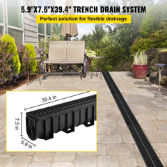 VEVOR Trench Drain System, Channel Drain with Plastic Grate, 5.9x7.5-Inch HDPE Drainage Trench, Black Plastic Garage