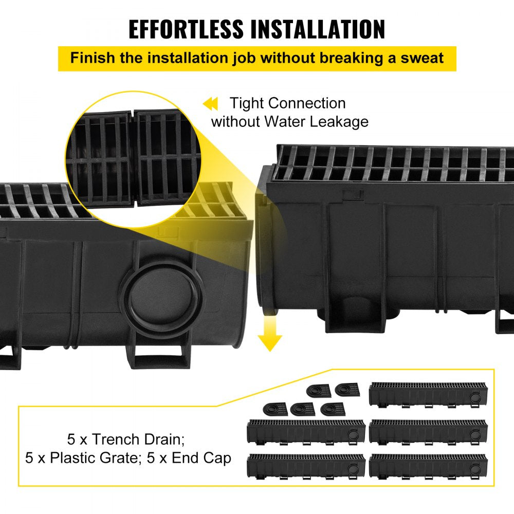 VEVOR Trench Drain System, Channel Drain with Plastic Grate, 5.9x7.5-Inch HDPE Drainage Trench, Black Plastic Garage
