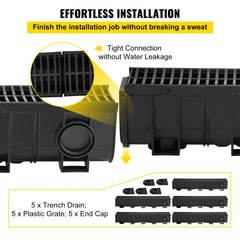 VEVOR Trench Drain System, Channel Drain with Plastic Grate, 5.9x7.5-Inch HDPE Drainage Trench, Black Plastic Garage