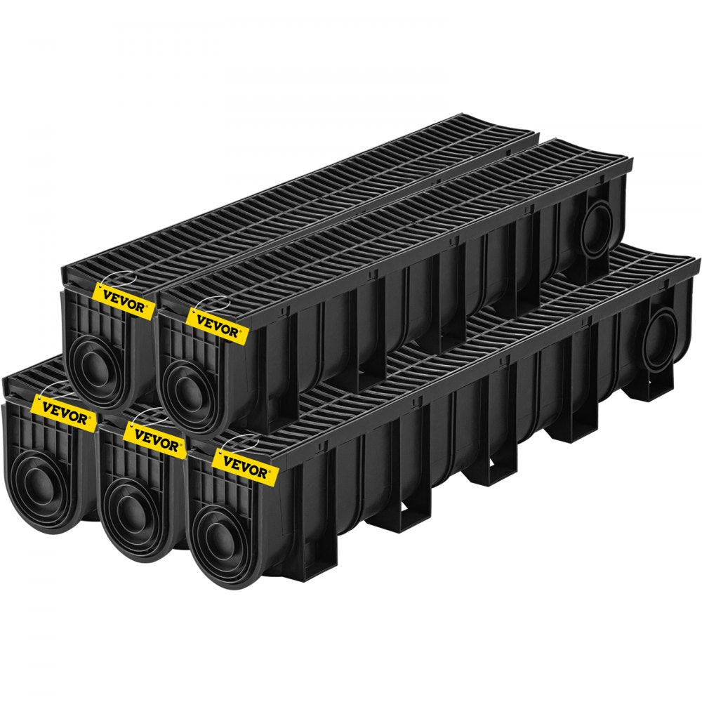 VEVOR Trench Drain System, Channel Drain with Plastic Grate, 5.9x7.5-Inch HDPE Drainage Trench, Black Plastic Garage