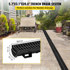 VEVOR Trench Drain System, Channel Drain with Plastic Grate, 5.7x3.1-Inch HDPE Drainage Trench, Black Plastic Garage