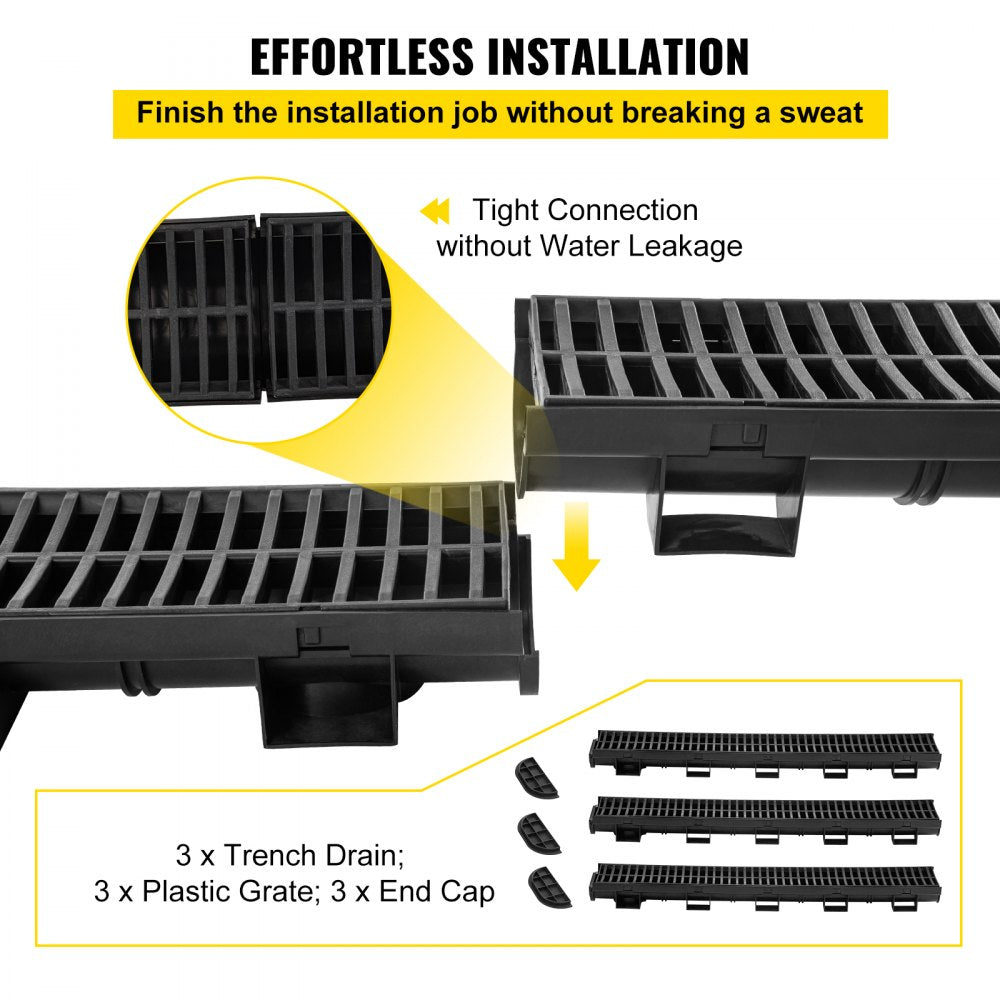 VEVOR Trench Drain System, Channel Drain with Plastic Grate, 5.7x3.1-Inch HDPE Drainage Trench, Black Plastic Garage