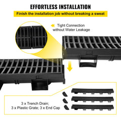 VEVOR Trench Drain System, Channel Drain with Plastic Grate, 5.7x3.1-Inch HDPE Drainage Trench, Black Plastic Garage