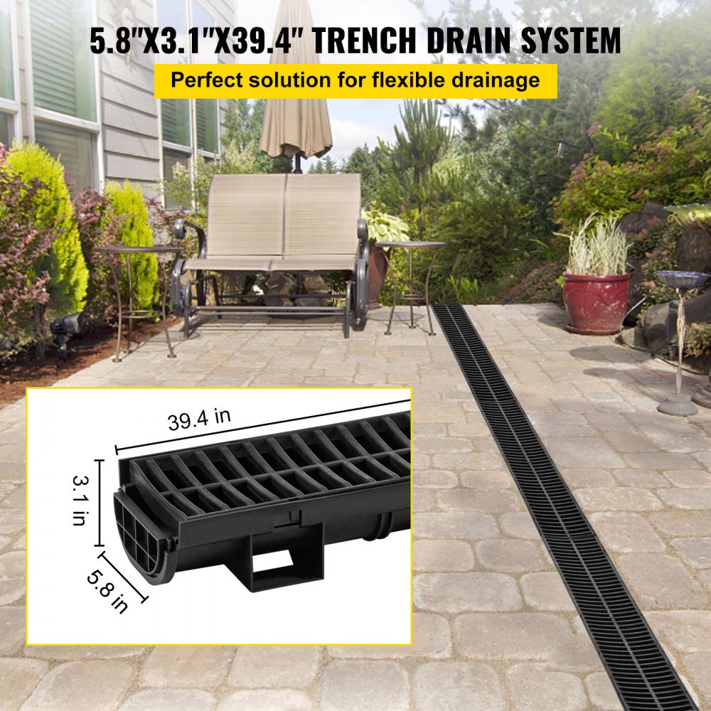 VEVOR Trench Drain System, Channel Drain with Plastic Grate, 5.8x3.1-Inch HDPE Drainage Trench, Black Plastic Garage