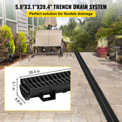 VEVOR Trench Drain System, Channel Drain with Plastic Grate, 5.8x3.1-Inch HDPE Drainage Trench, Black Plastic Garage