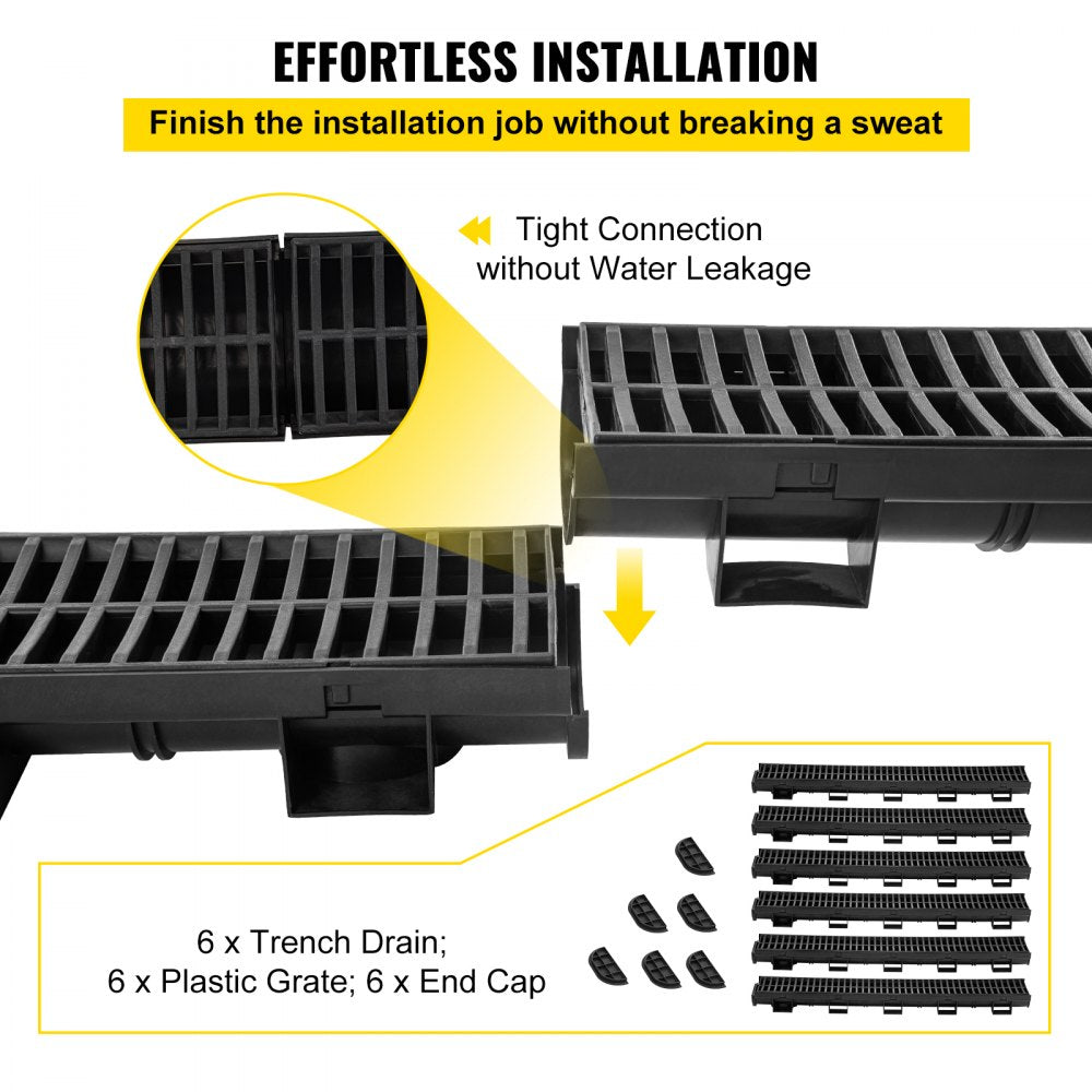 VEVOR Trench Drain System, Channel Drain with Plastic Grate, 5.8x3.1-Inch HDPE Drainage Trench, Black Plastic Garage