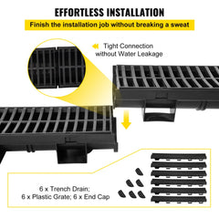 VEVOR Trench Drain System, Channel Drain with Plastic Grate, 5.8x3.1-Inch HDPE Drainage Trench, Black Plastic Garage