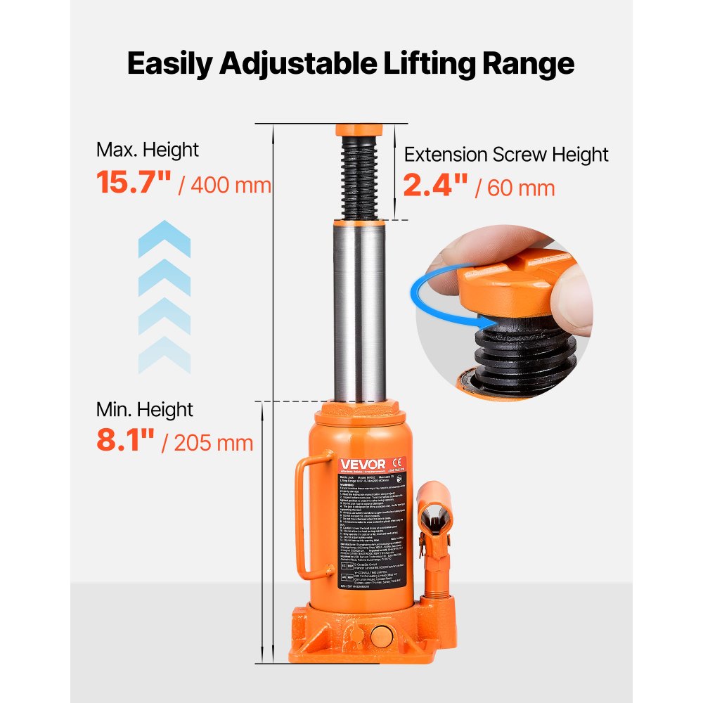 VEVOR Hydraulic Bottle Jack, 12 Ton (26455.5 lbs) Capacity, 8.1-15.7 Inch Lifting Range, Heavy Duty Welded Bottle Jack