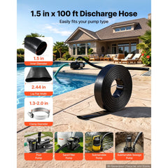 VEVOR Discharge Hose 1-1/2" x 100 ft PVC Lay Flat Backwash Water Pump Hose, for Swimming Pool Sand Filter & Sump Pump